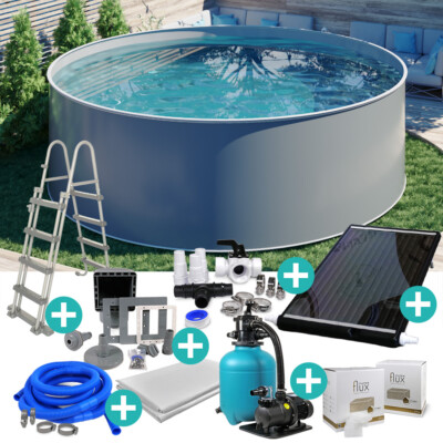 Design Stahlwand Pool SET rund Ø 3,00 x 1,20 m Grau SOLAR Schwimmbad Becken 3m