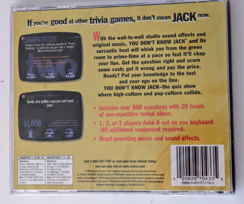 YOU DON'T KNOW JACK CD-Rom PC Game Sealed New 1998 90s Sierra On-line Vintage  - Image 2 of 3