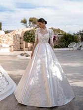 Elegant High Neck Long Sleeve Wedding Dresses A-Line 3D Floral Bridal Gowns