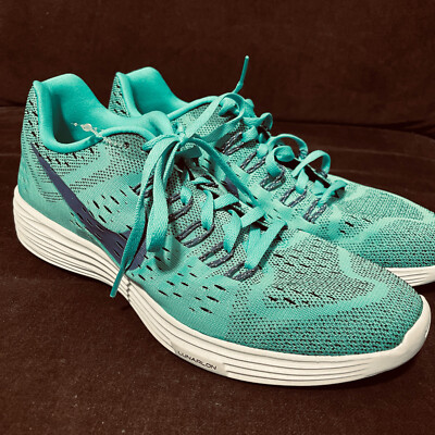 N I K E Flyknit  Lunar Trainer+ Lunaron Midsole Aqua Green Purple Womens 10.5 US