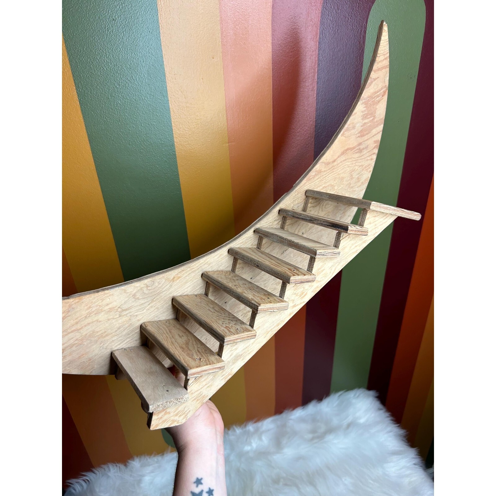 Vintage wooden moon stairs wall shelf - rustic handmade decor no hooks