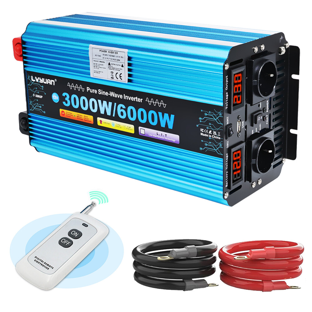 Tectake 404562 Spannungswandler 12V Auf 230V, Reiner Sinus Wechselrichter 1500W/3000W, KFZ Power Inverter DC AC Mit Steckdosen Und 2 USB-Anschlüssen