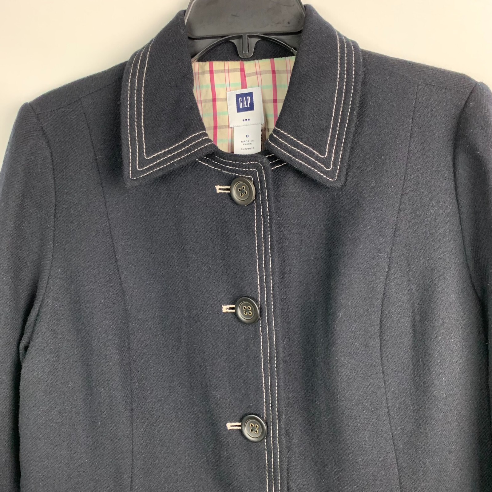 GAP Jacket Black Wool Blend Collared White Stitch… - image 4