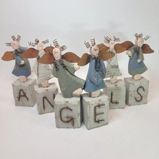 Vtg Primitive Wooden Angels Block Set ANGELS Shelf Sitter Rustic Christmas Decor