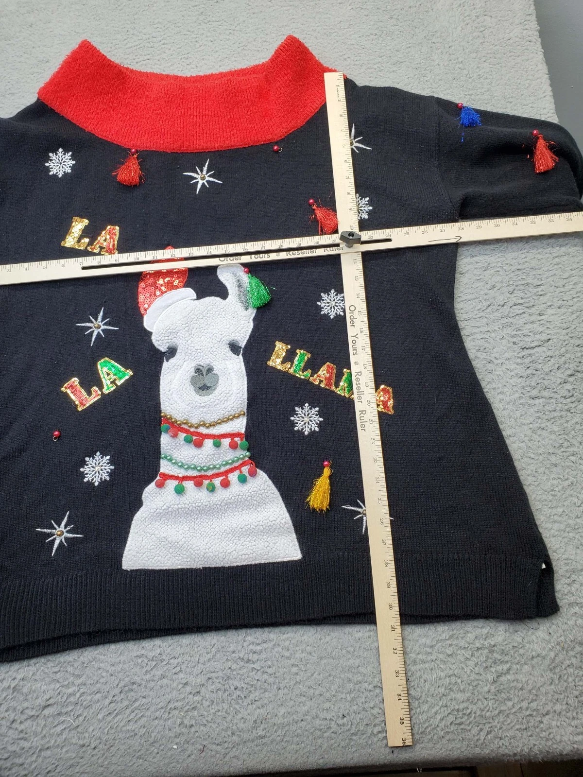 Ugly Christmas Sweater Womens Multi Llama Tassels Embroidered Beaded Sequin Slit