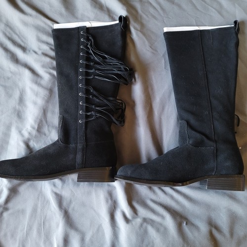 Women's Black Knee High Boots Low Heel Fringe Suede/Leather Round Toe NIB