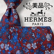 HERMES Floral Botanical Pattern Red Blue Silk Tie