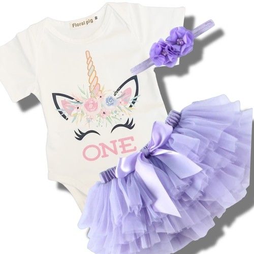 1st First Birthday Cake Smash Tutu Dress Outfit For Baby girls lilac unicorn