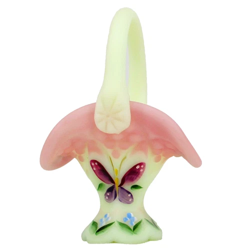 Fenton Burmese Butterfly Mini 4" Hand Painted Backstamp #9 Glass Basket Burkhart