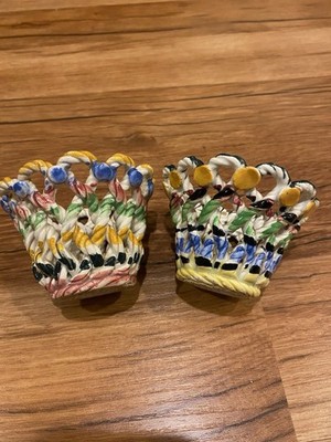 J. MILES Boston Ceramic Planter Trinket Handmade Woven Basket Pottery Set Of Two