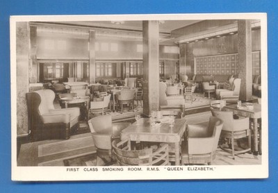 CUNARD WHITE STAR LINER QUEEN ELIZABETH.ERSTKLASSIGES RAUCHERZIMMER.POSTKARTE