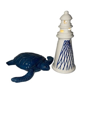 6'' Navy Blue Ceramic Sea Turtle And Ceramic Lighthouse With Lights