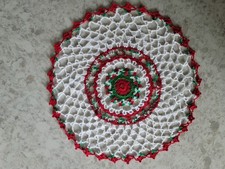 Christmas colors thread crochet lace doily 12" handmade in USA