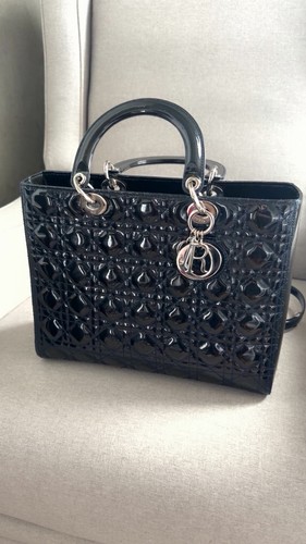 Dior navy blue Patent Lady Dior Satchel with Silver Hardware