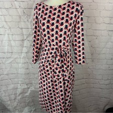 talbots Geometric sheath midi Dress navy salmon faux wrap tie at waist sz S
