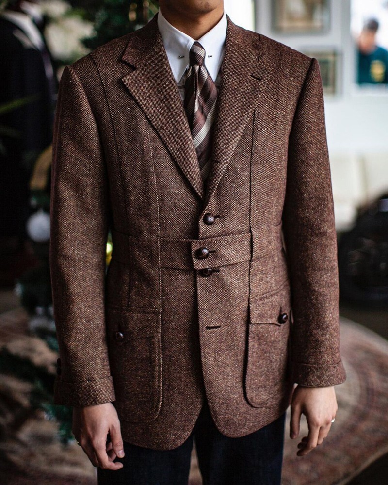 Men's Brown Tweed Hunting Jacket Casual Coat Single Breasted Notch