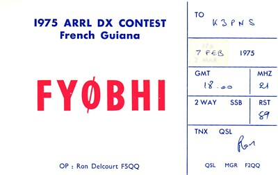 1975 ARRL DX Contest French Guiana France FY0BHI QSL Card Postcard
