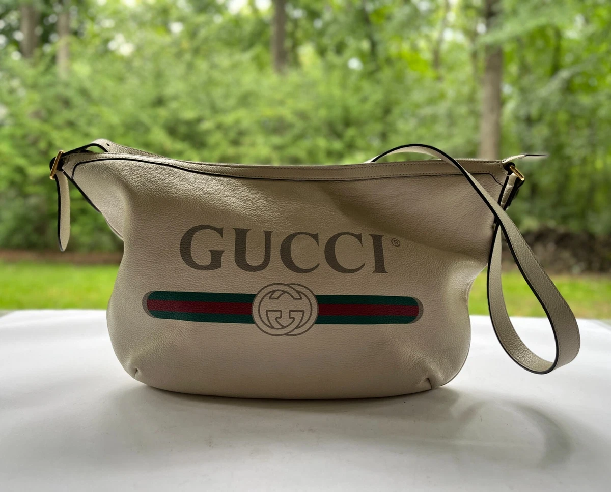 Authentic Gucci Calfskin Leather Logo Half-Moon Printed Hobo Bag