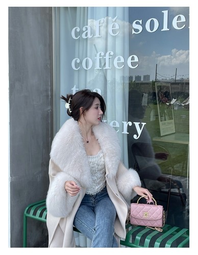 Real Genuine Wool Jacket W/ Fox Fur Collar Cuffs Coat Loose Version Customizable - Picture 11 of 17