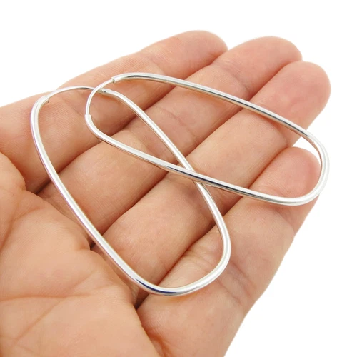 Long Hoops 925 Sterling Silver Oval Endless Rectangle Tube Earrings Gift Boxed
