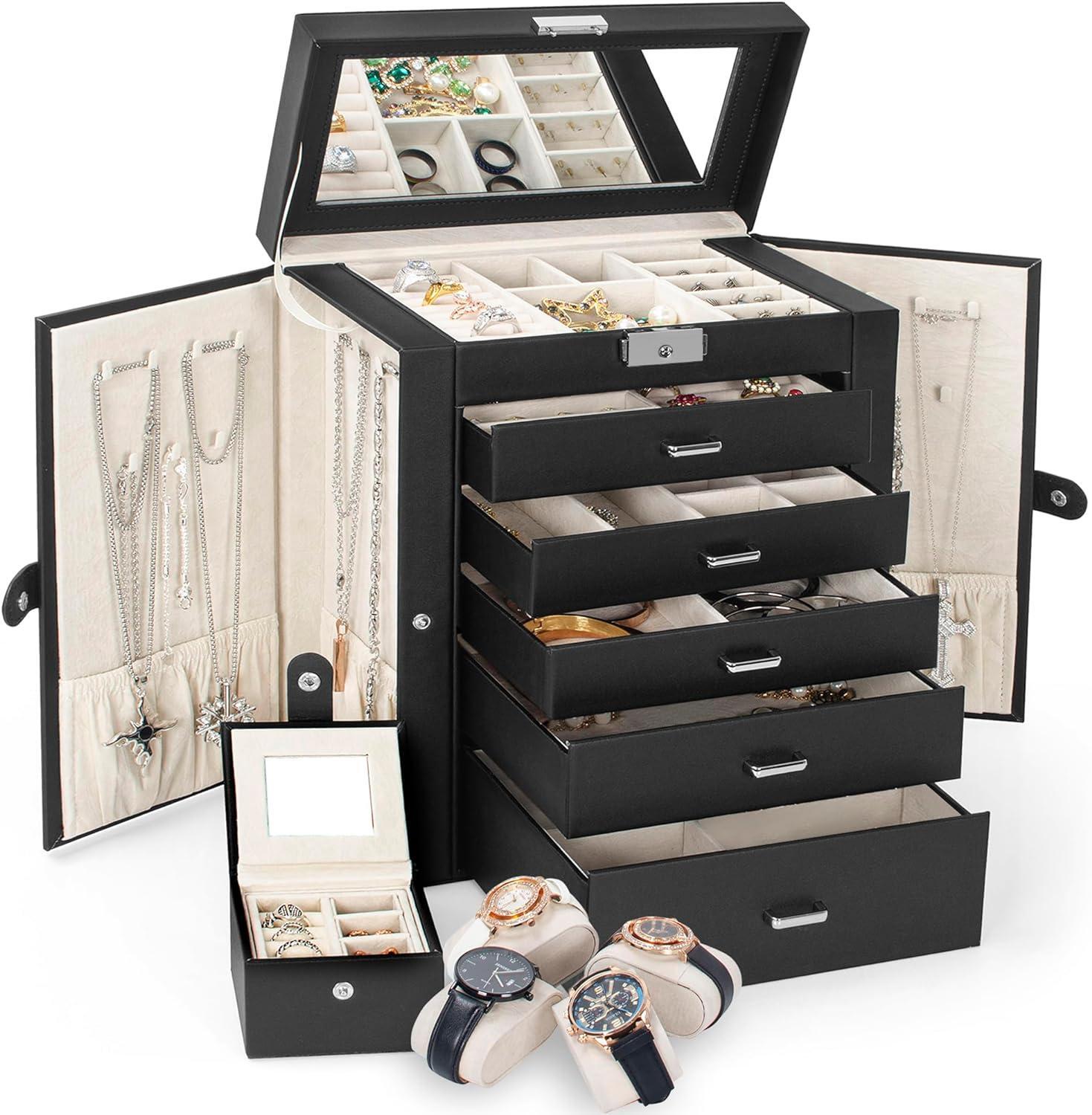 Jewelry Box Organizer Leather 6 Layer Rectangle with Mirror Multicolor Necklace