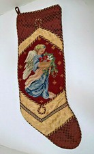 Burgundy Red  Gold with Needlepoint Angel Christmas Stocking