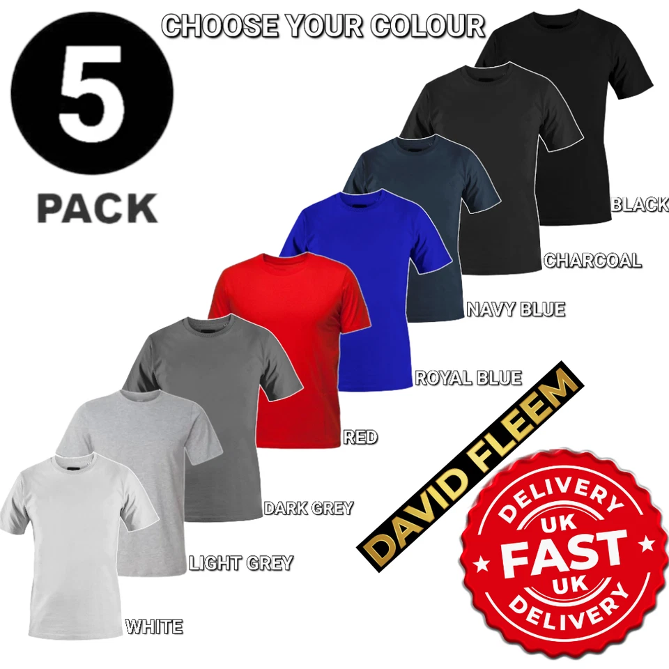 Mens Plain T-Shirt 5 Pack 100% Cotton Heavy Blend High Quality Short Sleeve Tee - Image 2 of 4