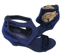 Women's New York Transit Pretty Velvet Wedge Dress Sandals Navy Size:8 99XY