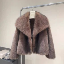 Winter Faux Fox Fur Short Coat Jacket Lapel Collar Overcoat Womens Outwear Loose