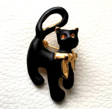 BROCHE CHAT NOIR ruban doré BLACK CAT BROOCH pins NEUF ! H=4,2cm