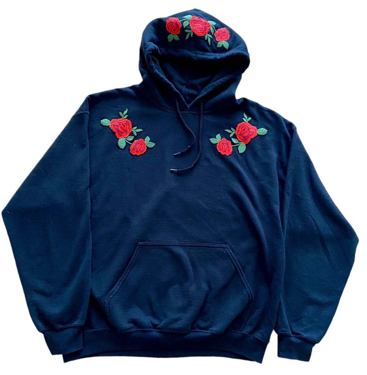 TopMan UK Black Hoodie Intricately Embroidered Red Roses on Chest & Hood US/UK L