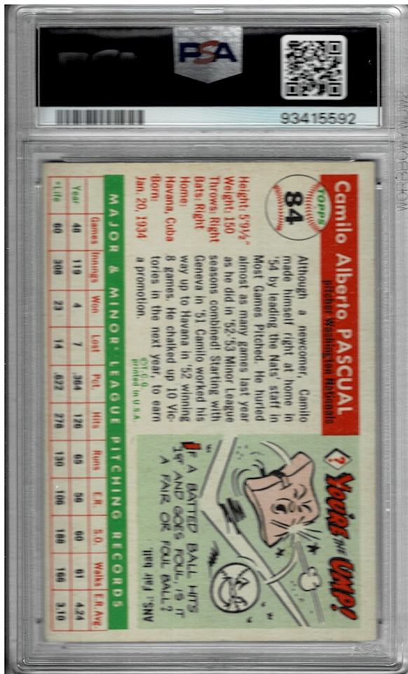 1955 Topps Baseball card 84 Camilo Pascual p Washington Nationals PSA