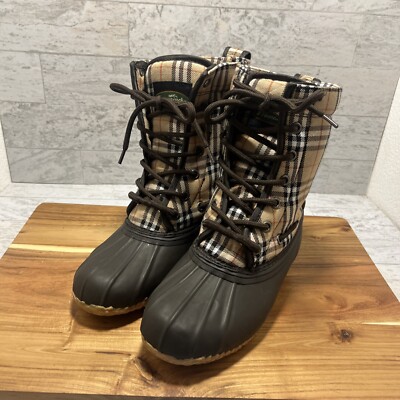 Tamarack 3 Season Duck Boots Sz 7 Brown Rubber W / Tan Tartan Plaid Uppers - EUC