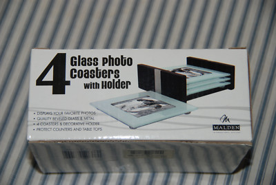 Set of 4 Glass Photograph Coasters With Holder -- Home Decor
