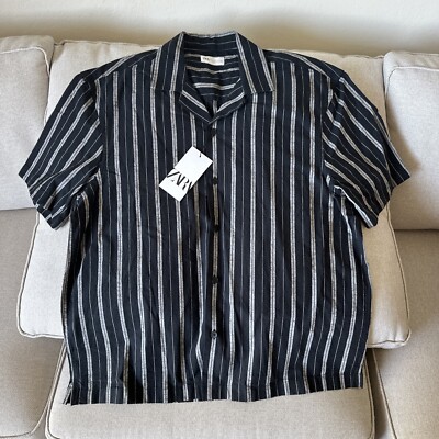 Zara Shirt Mens Linen Blend Camp Collar Blue White Striped Button