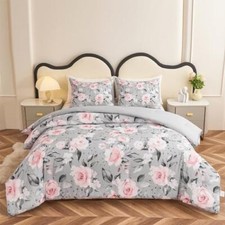 3 Pieces Pink and Grey Comforter Set Queen Size, Full/Queen Grey Pink Floral 4