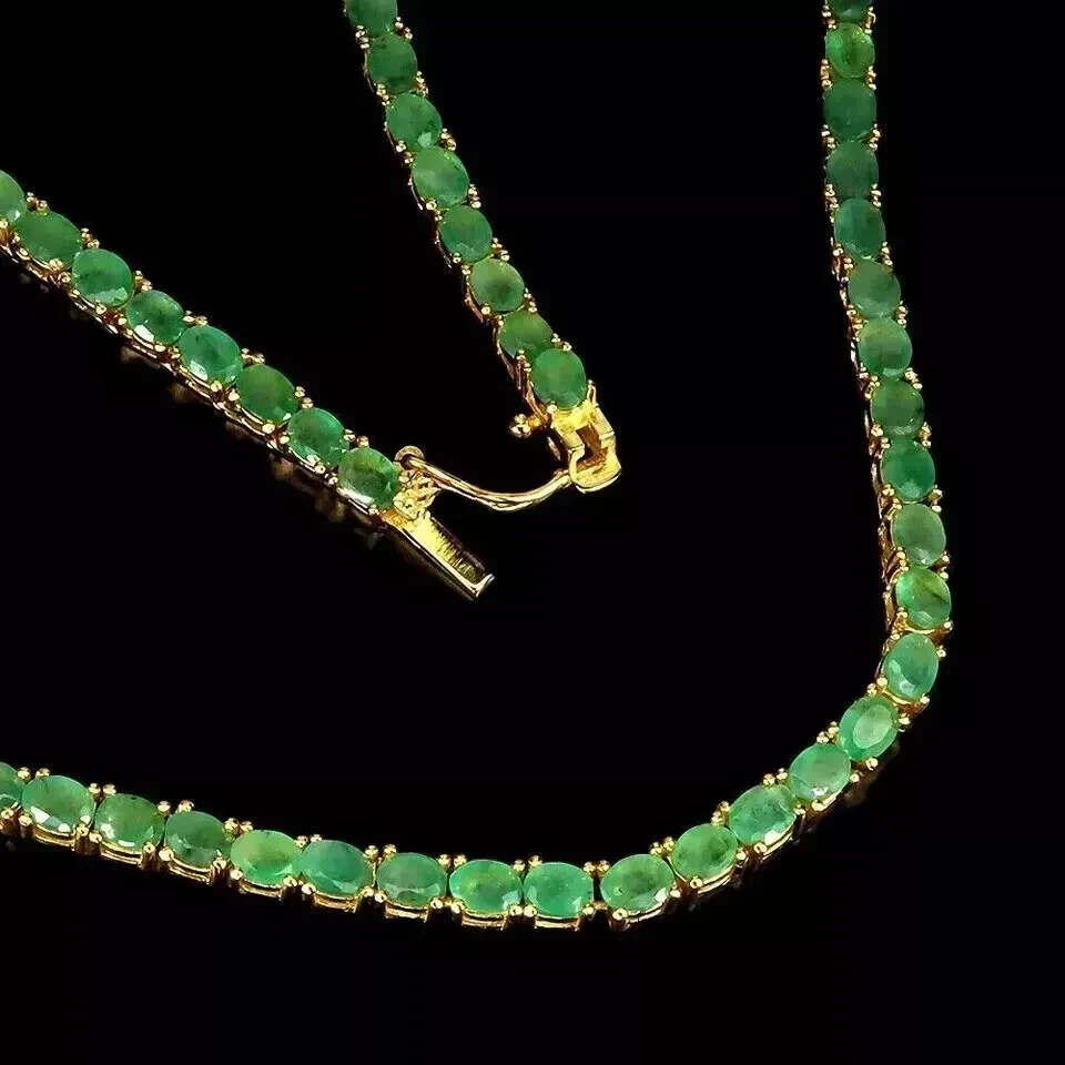 12Ct Oval Cut Lab-Created Green Emerald Tennis Necklace 14K Yellow Gold Plated - Image 2 of 4