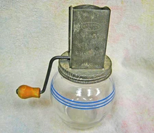 Vintage Androck Uniform Nut Meat Chopper W/Hazel Atlas Blue Striped Jar, Working