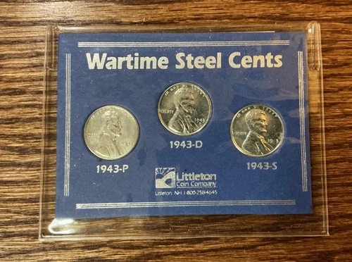 1943 P, D, & S Wartime Steel Pennies Uncirculated Set Littleton Coin Company