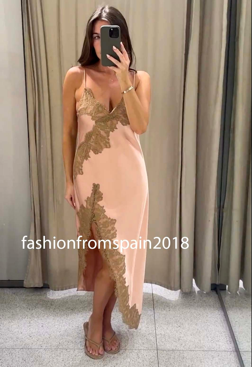 ZARA NEW WOMAN STRAPPY LONG ZW SATIN LACE DRESS SLIT DUSTY PINK  2678/047/676 | eBay