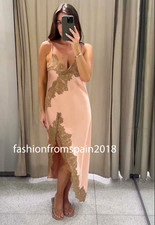 ZARA NEW WOMAN STRAPPY LONG ZW SATIN LACE DRESS SLIT DUSTY PINK 2678/047/676