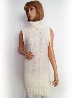 BIK BOK Damen Langer Pullover Tunika Gr. S Creme Acryl Zopfmusterstrick Ärmellos
