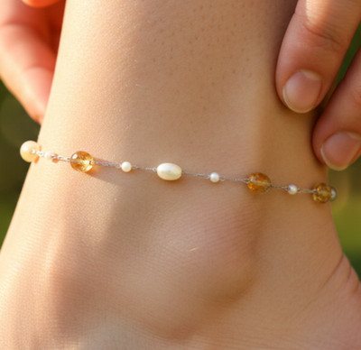 Elegant Pearl and Topaz Beaded Anklet Silver Tone Minimalist Brass Chain Anklet