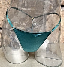 Victoria's Secret Satin V-STRING THONG Panty Sz M GREEN Adjustable Waist NWT