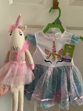 Unicorn Theme Party Dress W Headband Sz 6-12 Months   Doll New