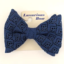 1970s Vintage Navy Blue Lace Overlay Bow Tie Oversized Large Butterfly Clip On