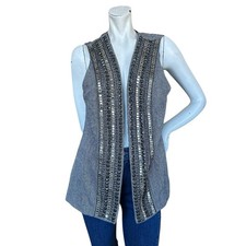 Chico  s Neutral Boho Beaded Studded Wool Blend Open Vest Size 2 or Large
