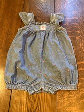 Vtg Gymboree Country Picnic denim rose embroidered bubble romper rffle slv 18-24