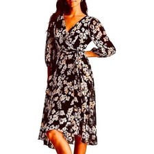 Cato Floral Wrap Dress Womens L Black Yellow White Party Career