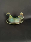 VTG Indiana Glass Iridescent Carnival Blue Hen on Nest Covered Candy Dish 7”